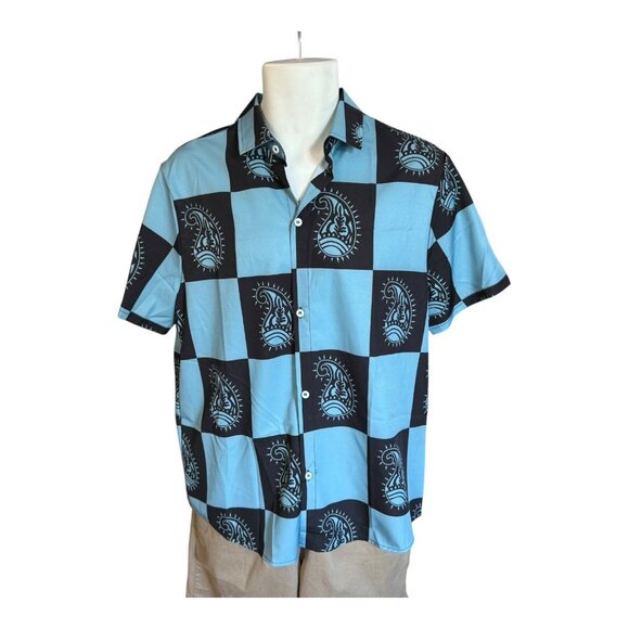 ROMWE Mens Casual Button Down Shirt~Size M~Blue Black Vacay Beach Top~L12 01 - Picture 2 of 7